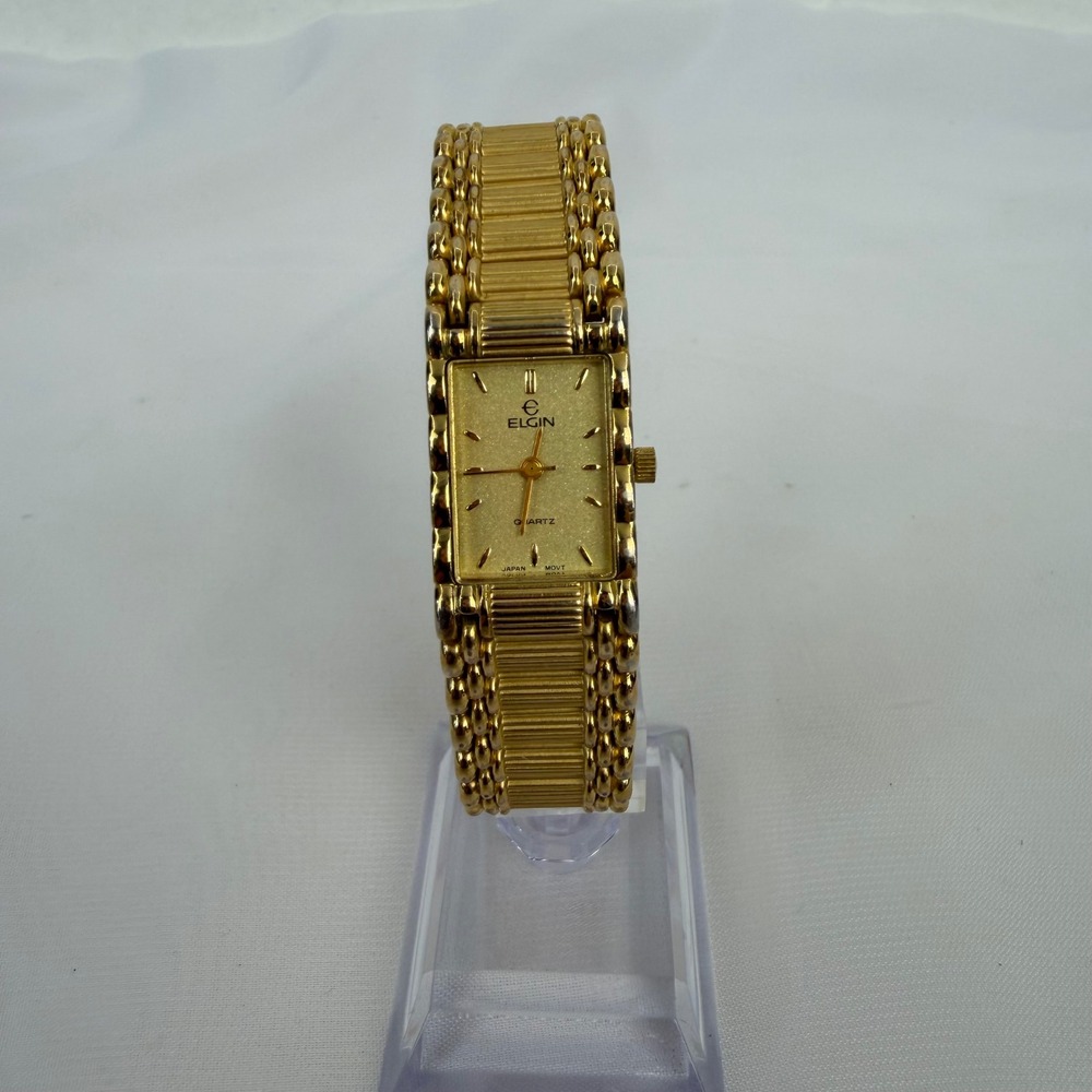 Elgin EM896-017 Gold Tone Rectangular Quartz Watch with Textured Link Bracelet